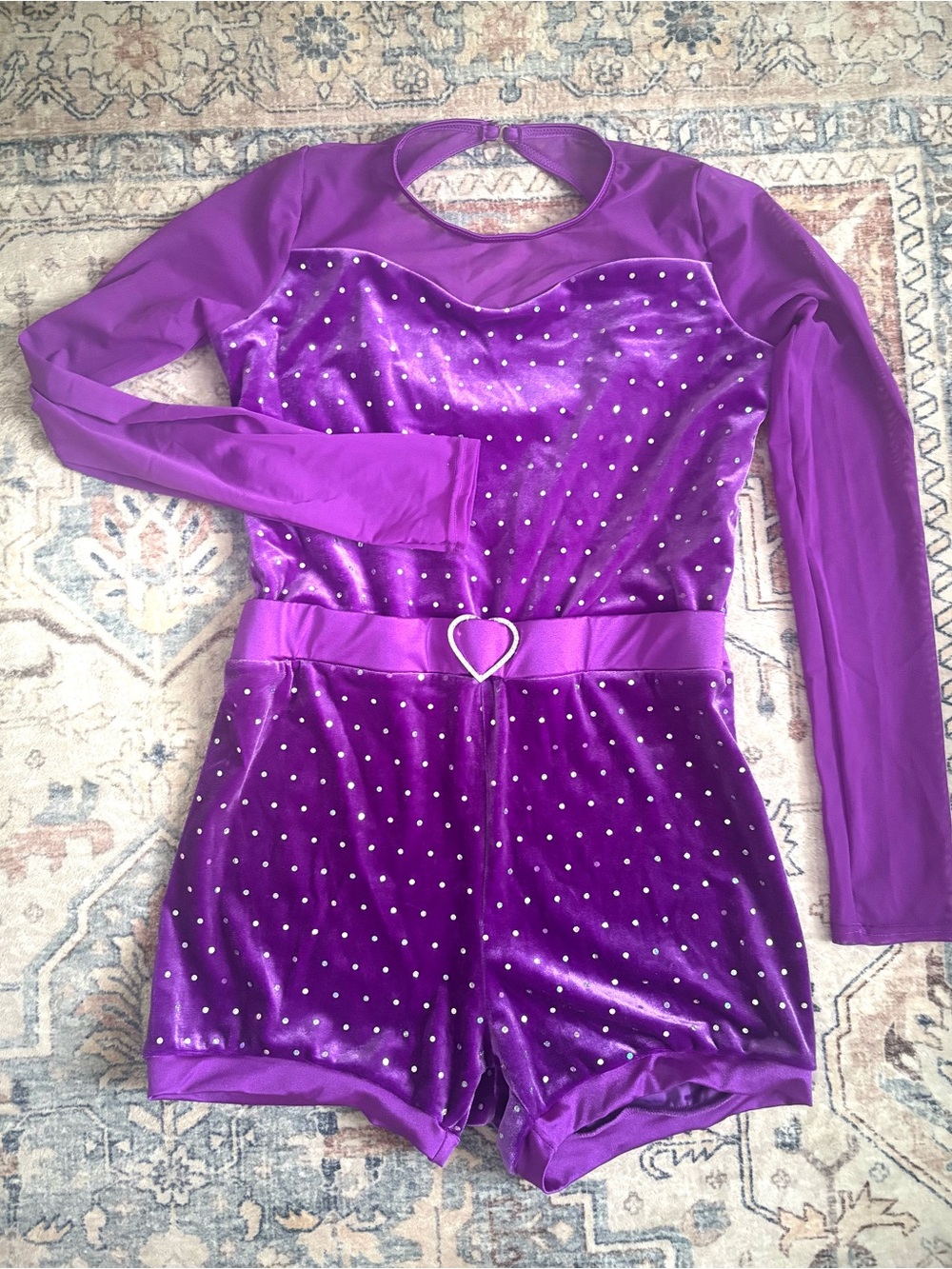 Girls' Purple Velvet Heart-Belt Dance Romper